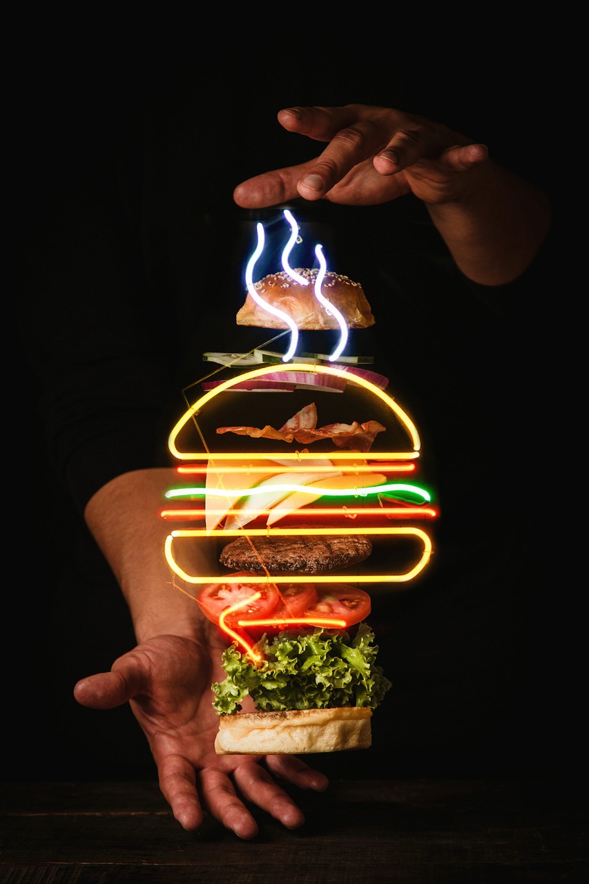who-we-are burger, patties, vegetables, buns, fast food, floating, hands, food, poster, advertising, neon, entrepreneurship, burger, burger, burger, burger, burger, fast food