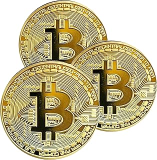Krisler 3PCS Médaille Bitcoin Physique Plaqué avec 24 Carats Véritable Or. Monnaie Virtuelle Pièce de Collection Cadeau BTC Coin Art Collection Physique (Or)